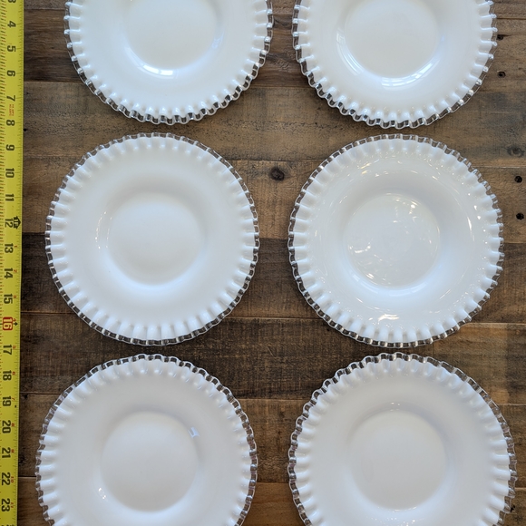 Set of Six Vintage Milk Glass Plates with Clear Fluted Edges
